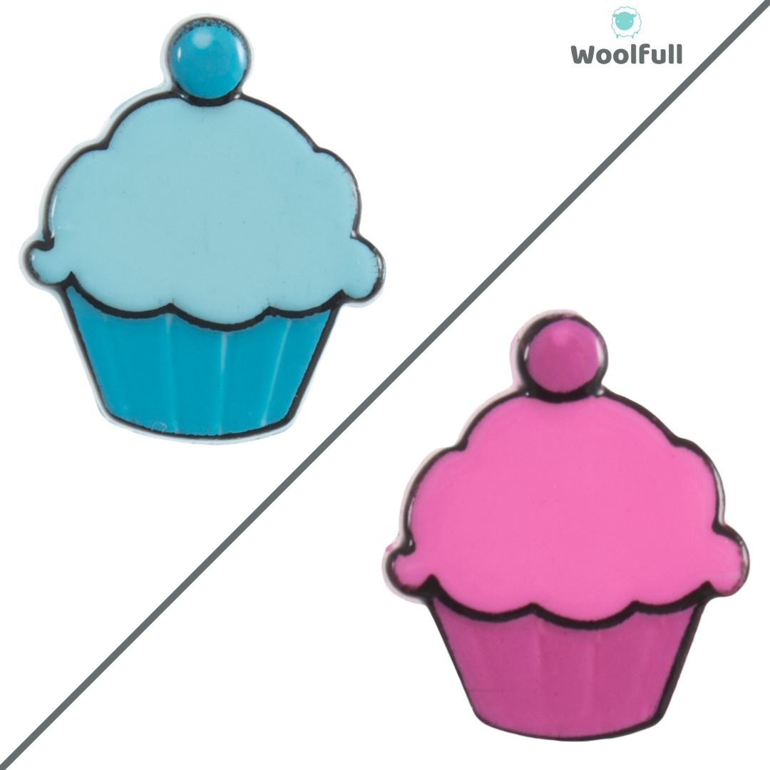 2 cupcake shaped buttons, one in blue and one in pink.