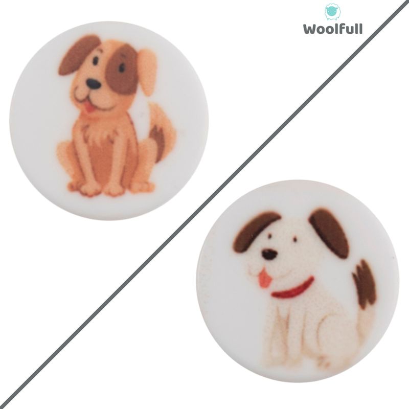 2 round white buttons, each with a dog design.
