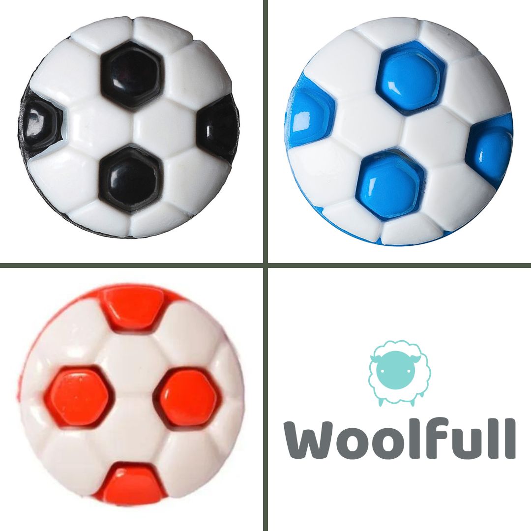3 football shaped buttons, one black, one red and one blue.