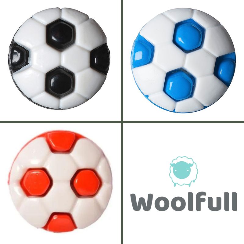 3 football shaped buttons, one black, one red and one blue.