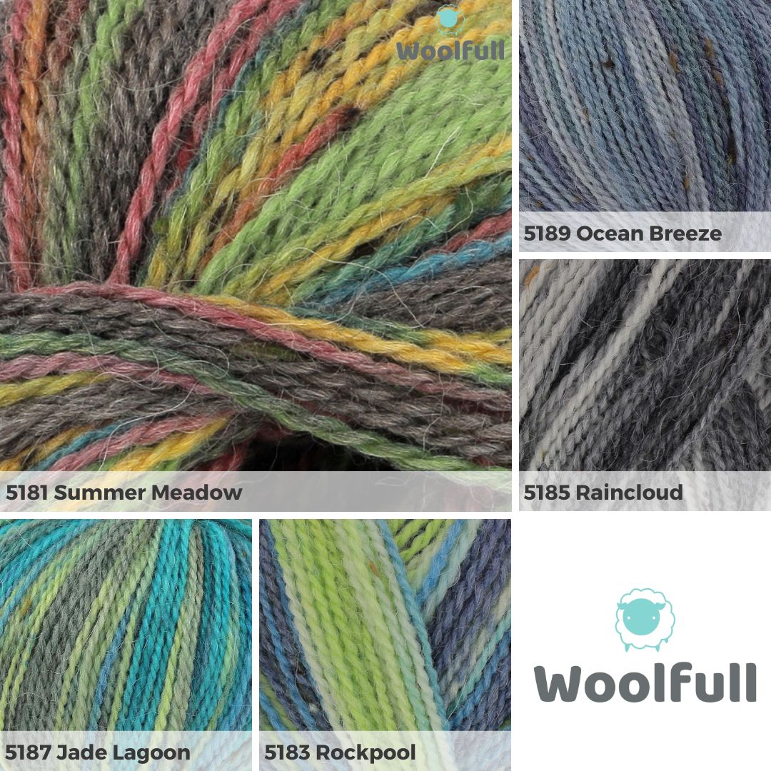 A shade card showing 5 of the available shades. They&#39;re all variegated and include shades of green, grey and blue.
