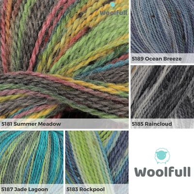 A shade card showing 5 of the available shades. They&#39;re all variegated and include shades of green, grey and blue.
