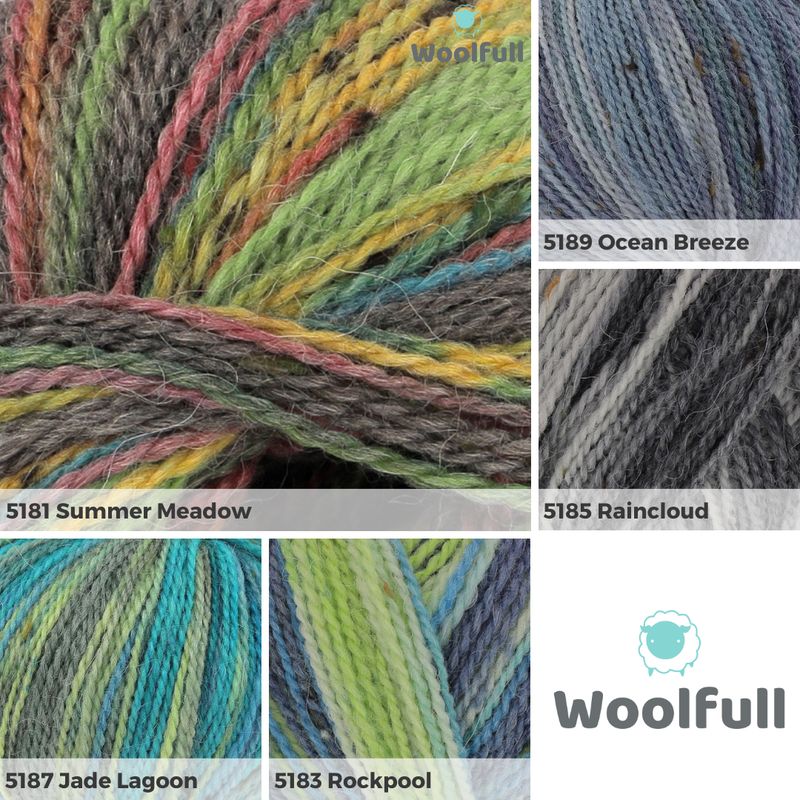 A shade card showing 5 of the available shades. They&#39;re all variegated and include shades of green, grey and blue.
