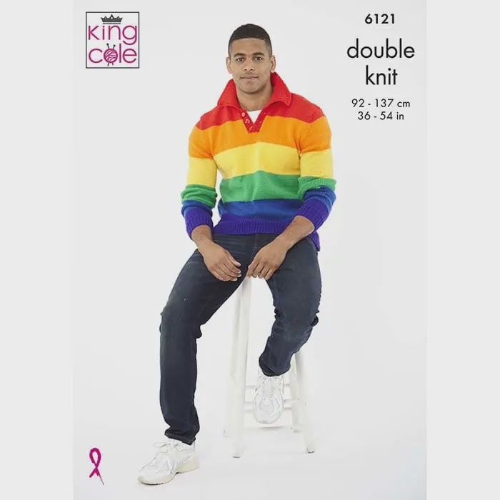 A man is wearing a rainbow striped knitted sweater.