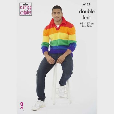 A man is wearing a rainbow striped knitted sweater.
