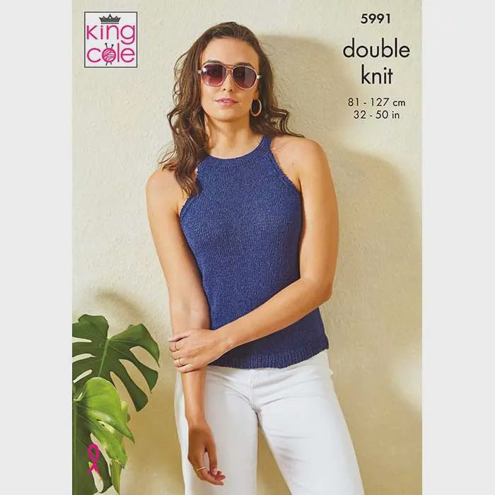 A woman is wearing a blue knitted top.