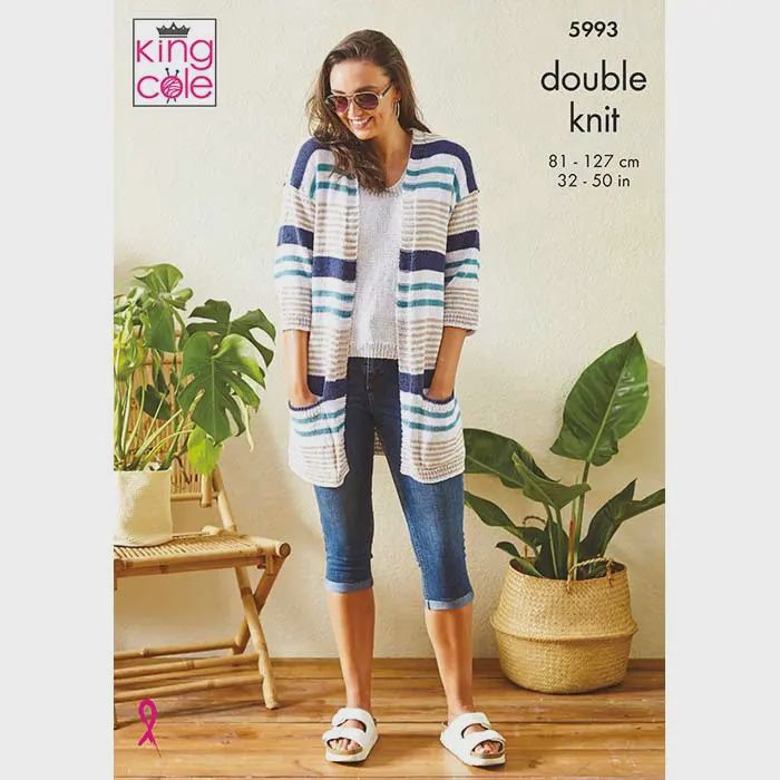 A woman is wearing a blue, brown and white striped knitted cardigan.