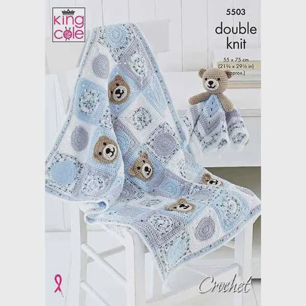 A crocheted blanket made up of blue, grey and white with brown bear face appliques.