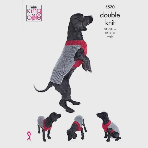 4 different angles of a black dog wearing a knitted coat in grey and red.
