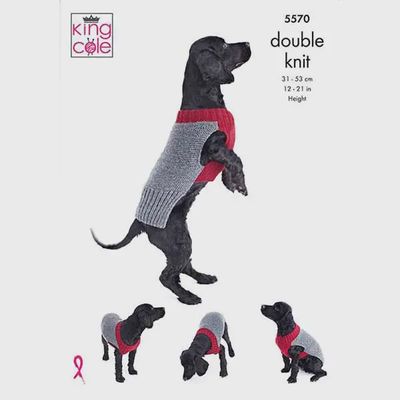 4 different angles of a black dog wearing a knitted coat in grey and red.