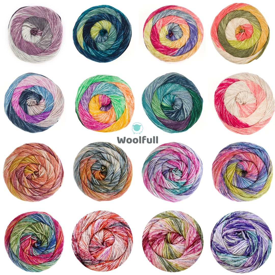 A shade card showing all 16 colourways of Batik Swirl.