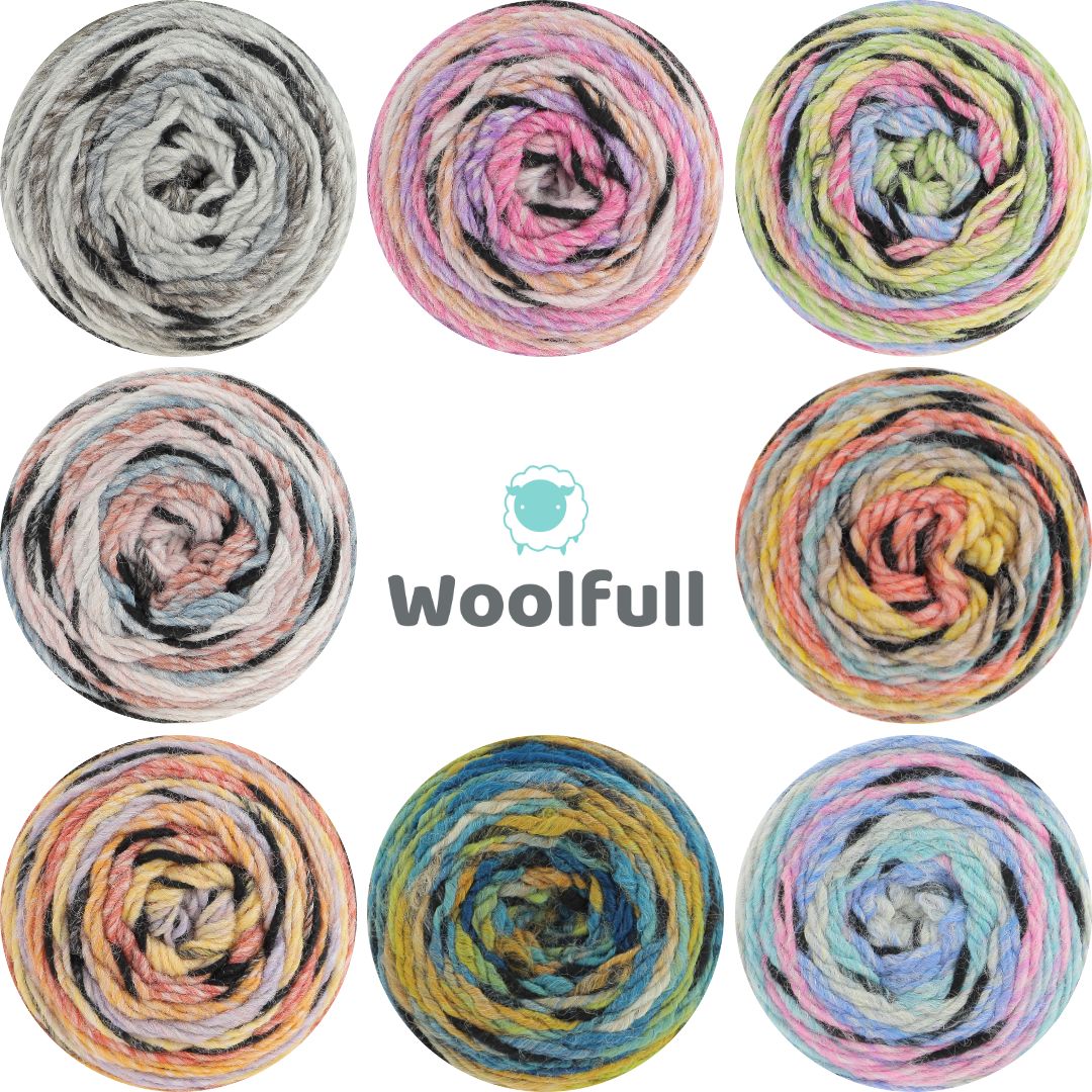 A shade card showing all 8 colours of Safari Chunky. Each colourway has a few different colours in it, as well as thin black stripes throughout.
