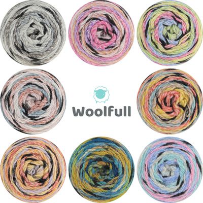 A shade card showing all 8 colours of Safari Chunky. Each colourway has a few different colours in it, as well as thin black stripes throughout.