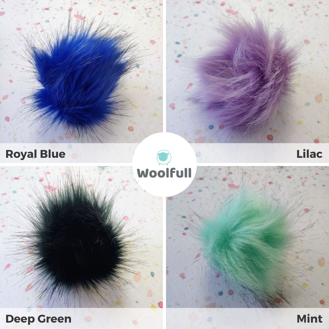A shade card showing 4 colours of pompoms, in royal blue, purple, dark green and mint green.