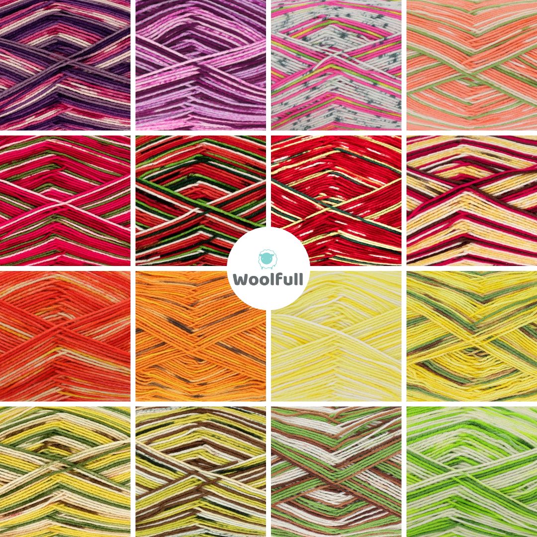 A shade card showing all 16 variegated shades of Footsie.