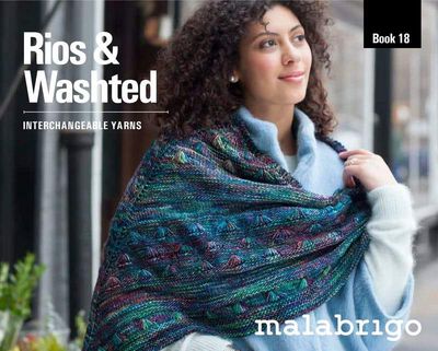 The front cover of the book, showing a woman wearing a variegated teal knitted shawl.