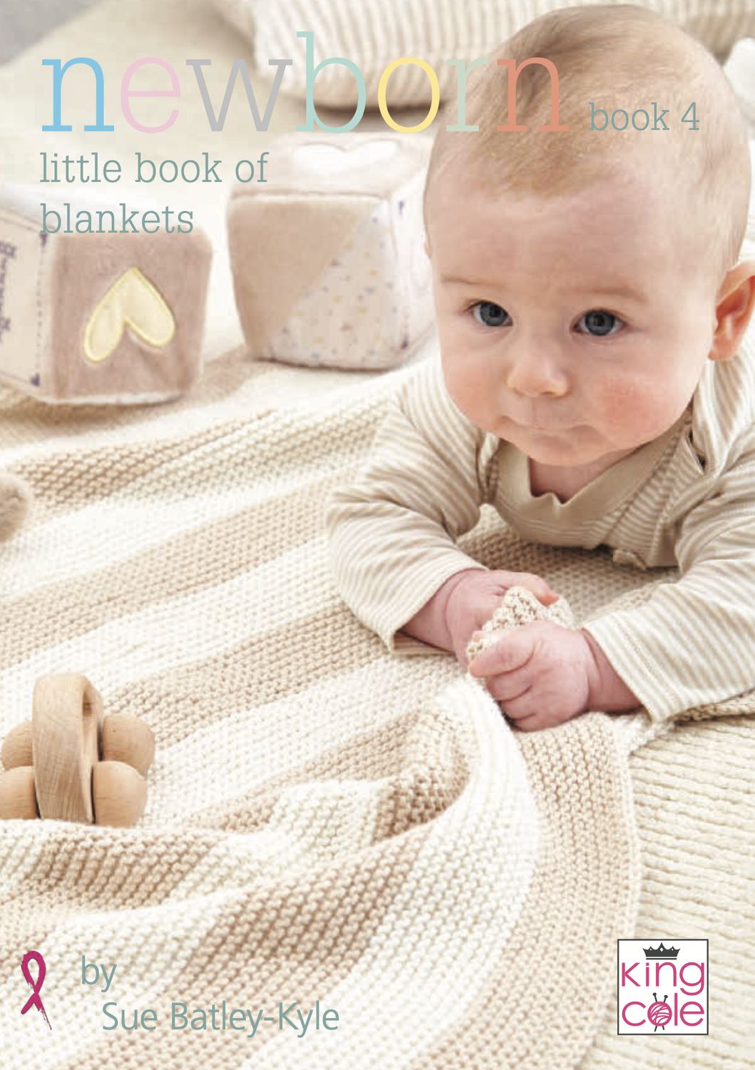 The front over of the book, showing a baby on a cream and brown striped knitted blanket.