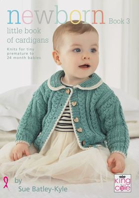 The front cover of the book, with a baby wearing a teal cable knit cardigan.