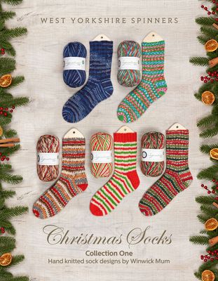 The front cover of the book, showing 5 knitted socks next to the ball of yarn used.