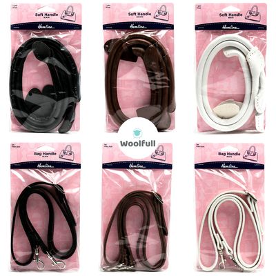 3 short bag handles and 3 long bag handles, in black, brown and white.
