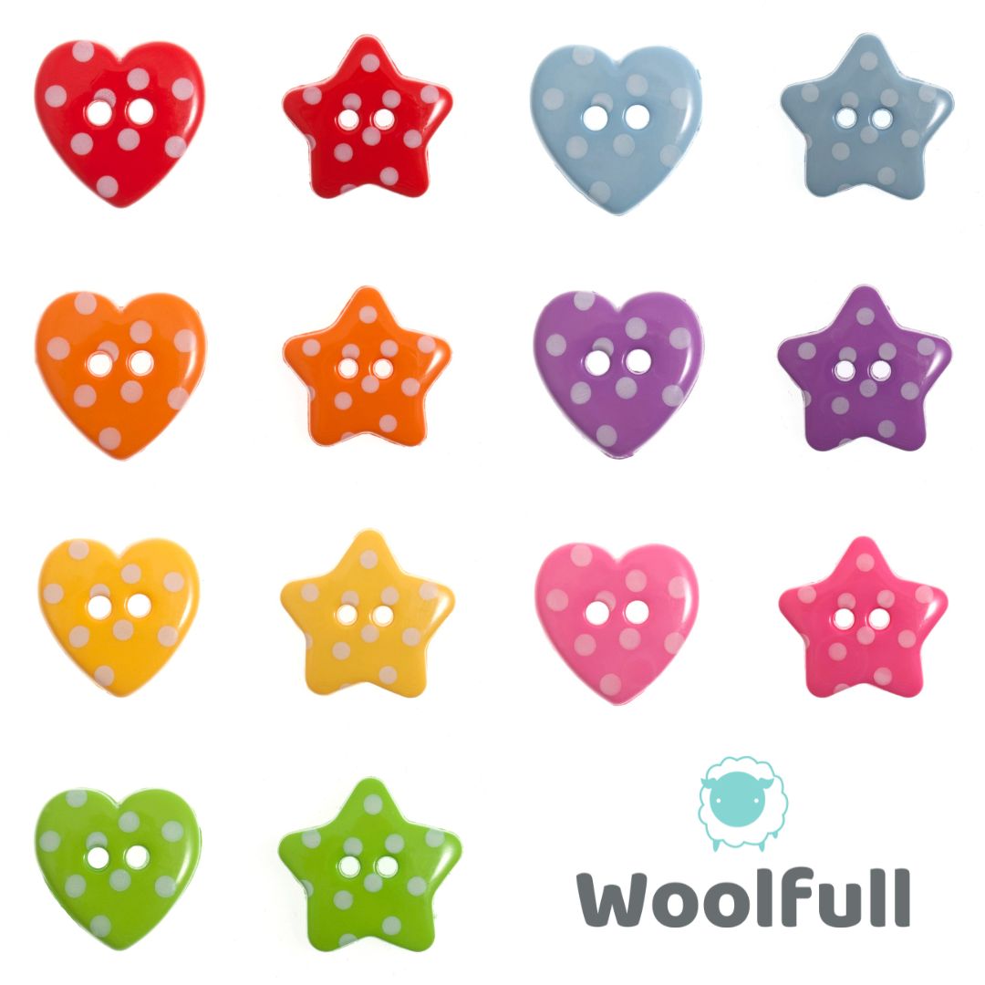 Heart and star shaped dotty buttons in shades of red, orange, yellow, green, blue, purple and pink.