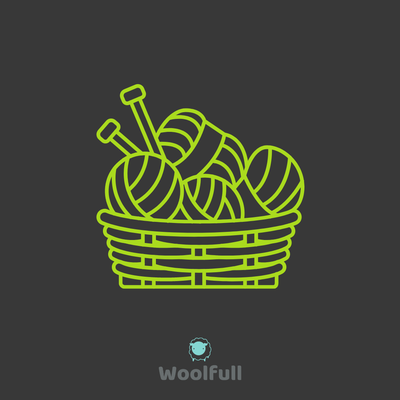 A dark grey background with a lime green drawing of a balls of yarn in a basket.