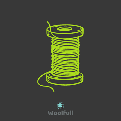 A dark grey background with a lime green drawing of a reel of thread.