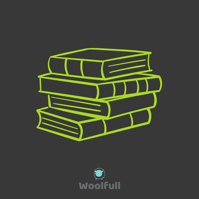 A dark grey background with a lime green drawing of a stack of books.