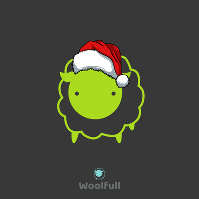 A dark grey background with a lime green drawing of the Woolfull sheep in a red and white Santa hat.