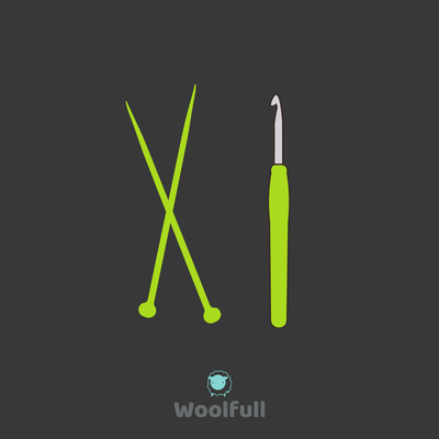 A dark grey background with a lime green drawing of a pair of knitting needles and a crochet hook.
