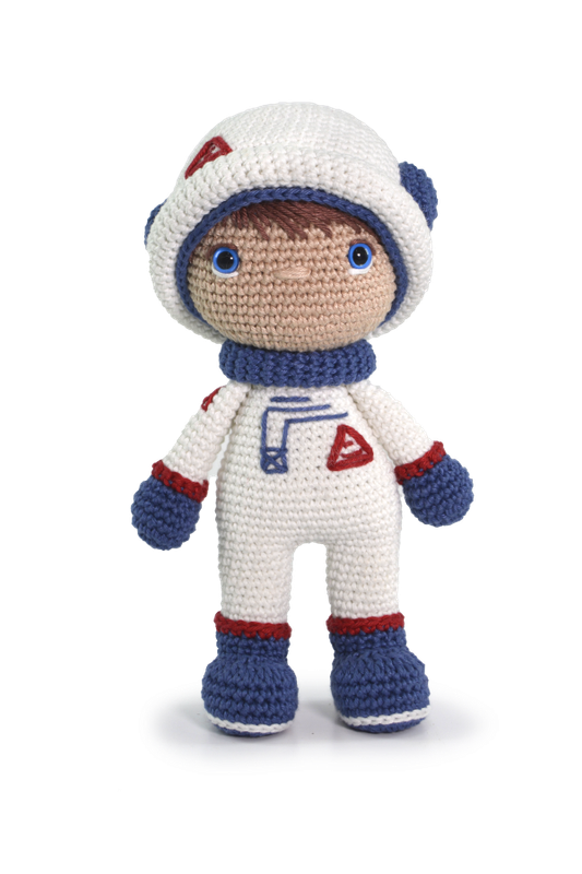 A crocheted doll dressed as an astronaut.