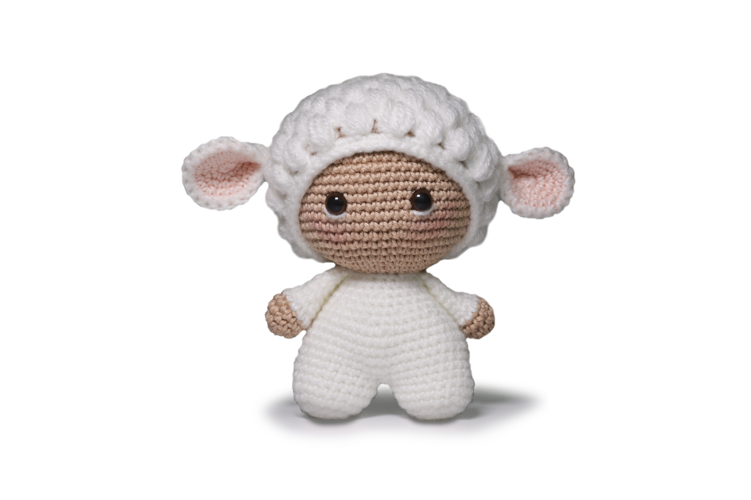 A white crocheted sheep toy.