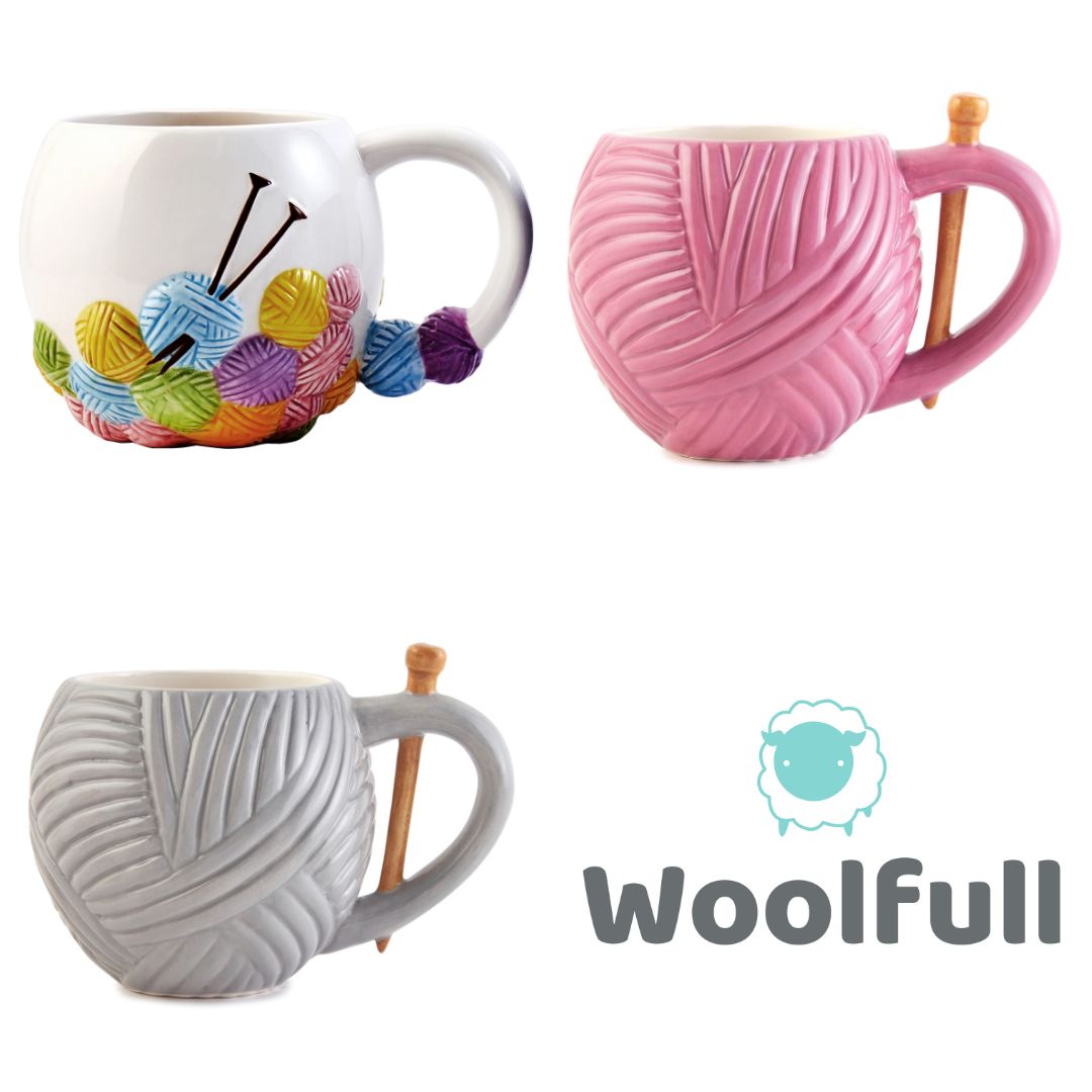 3 mugs, 1 designed like a grey ball of yarn, 1 designed like a pink ball of yarn and 1 white with multicoloured textured balls of yarn on.