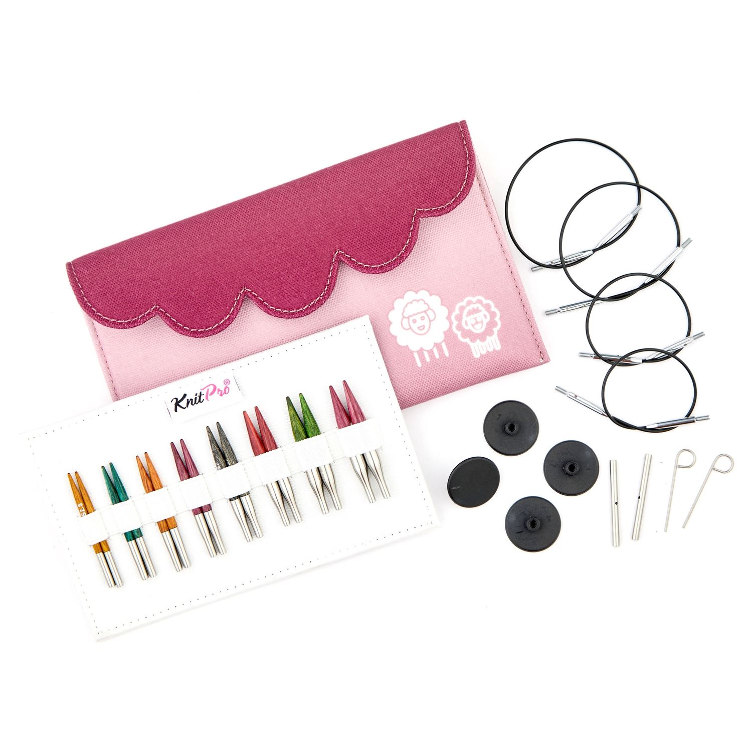 8 pairs of wooden interchangeable knitting needles, a pink fabric case, 4 circular cables, end caps and keys.