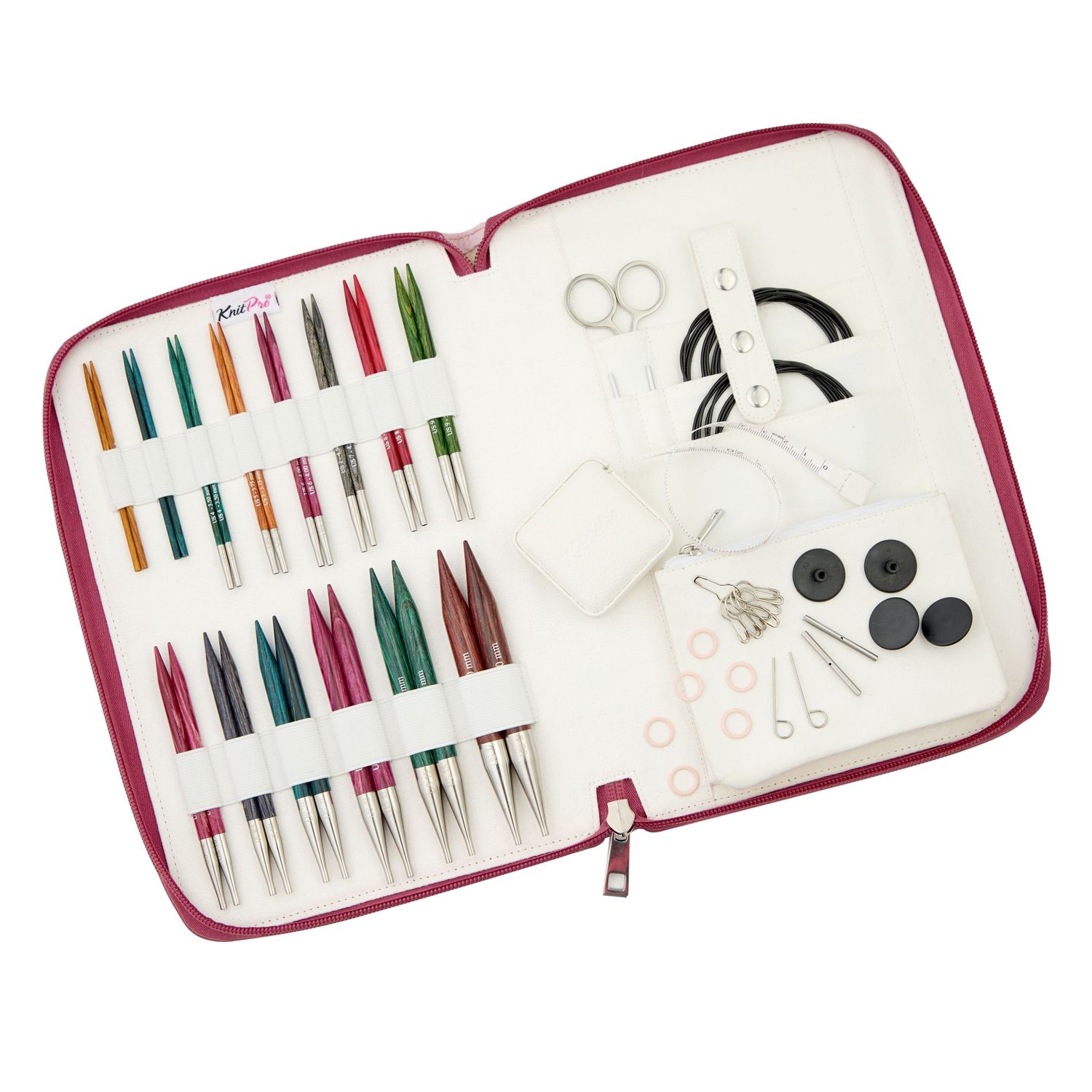 14 pairs of wooden interchangeable knitting needles and all the included accessories.