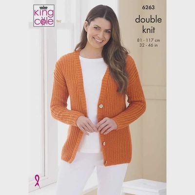 A woman is wearing an orange knitted cardigan.
