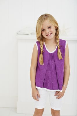A girl is wearing a magenta purple knitted top.