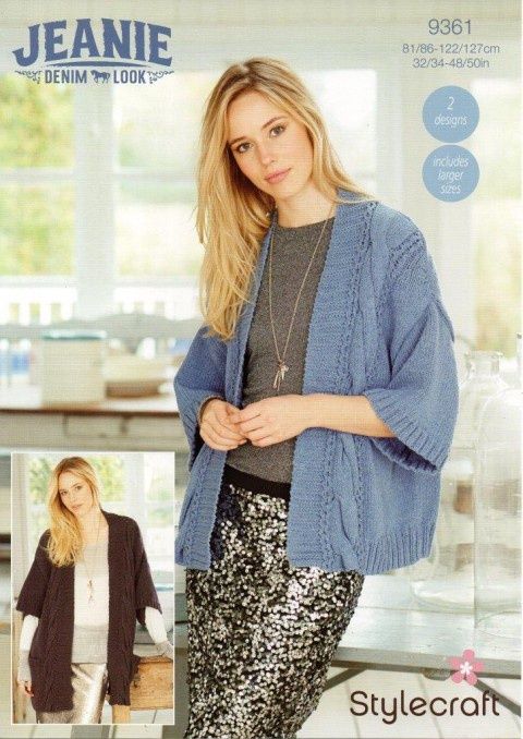 A woman is wearing a denim blue knitted cardigan.