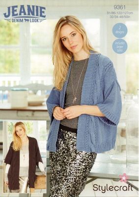 A woman is wearing a denim blue knitted cardigan.