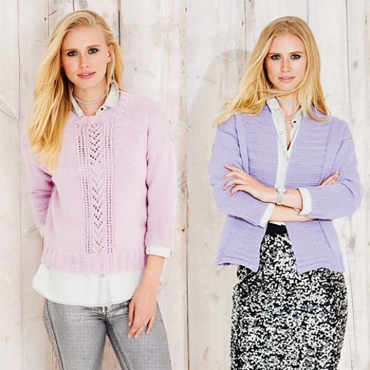A woman wearing a light pink knitted sweater on the left, and wearing a light purple knitted cardigan on the right.