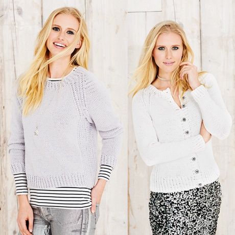 A woman wearing a light grey knitted sweater on the left, and a white knitted cardigan on the right.