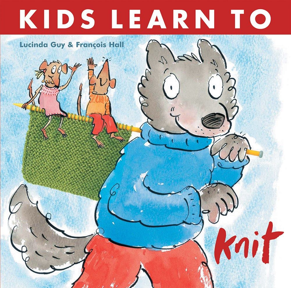 The front cover of the book, showing a cartoon wolf holding a knitting needle with a green knitted square on it.