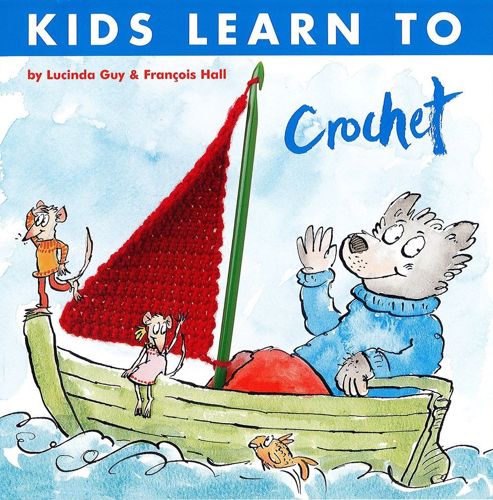 The front cover of the book, showing a cartoon wolf in a boat with a red crocheted triangle as the boat&#39;s sail.