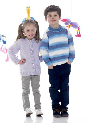 A girl is wearing a pale purple knitted cardigan and a boy is wearing a knitted sweater in a variegated blue and white yarn.