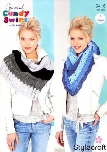 A woman is wearing a knitted shawl in a a variegated black and grey yarn, next to a woman wearing a knitted shawl in a variegated blue yarn.