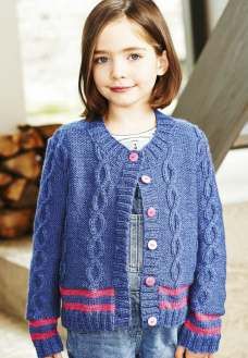 A girl is wearing a blue knitted cardigan with pink stripes on the bottom edge.