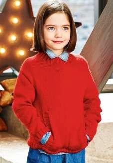 A girl is wearing a bright red knitted sweater.