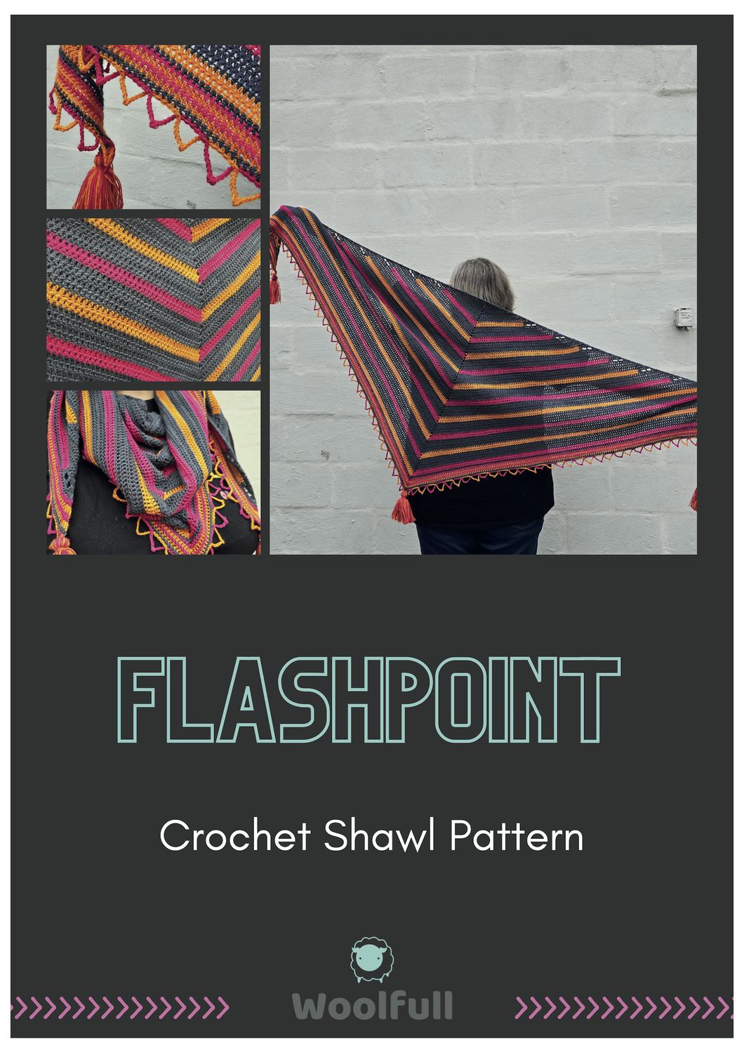 The front cover of the pattern, showing several images of the shawl.