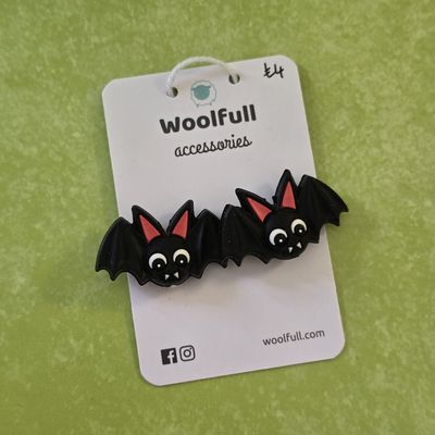 Cartoon bat point protectors mounted on a Woolfull card on a lime green background.