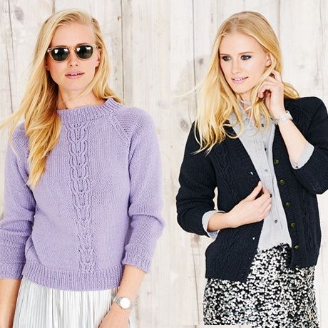 A woman is wearing a purple knitted sweater on the left, and a black knitted cardigan on the right.